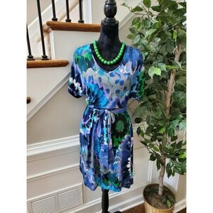 NY Collections Women Blue Polyester Round Neck Short Sleeve Knee Length Dress M
